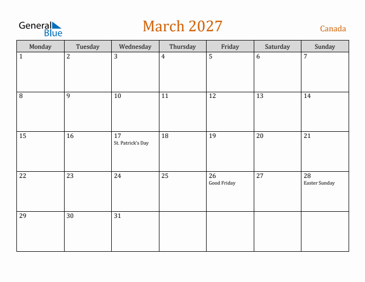March 2027 Holiday Calendar with Monday Start