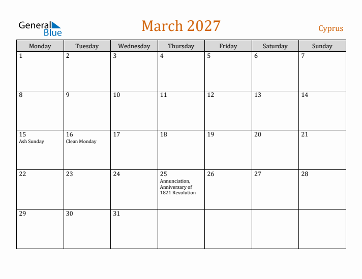 March 2027 Holiday Calendar with Monday Start