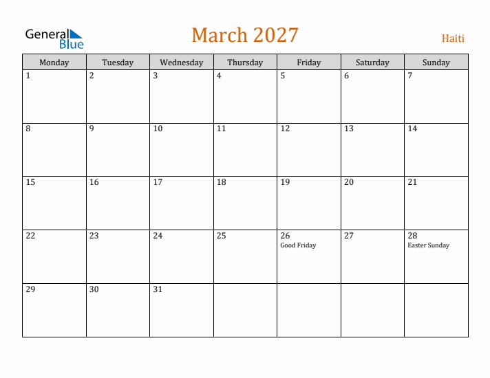 March 2027 Holiday Calendar with Monday Start