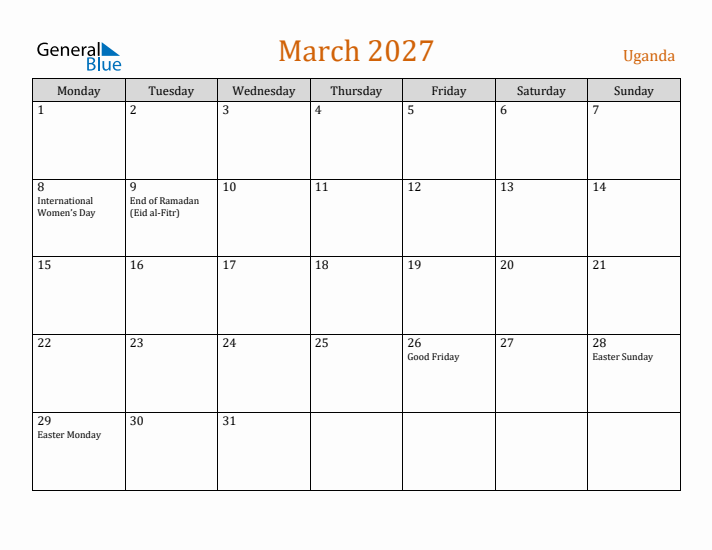 March 2027 Holiday Calendar with Monday Start