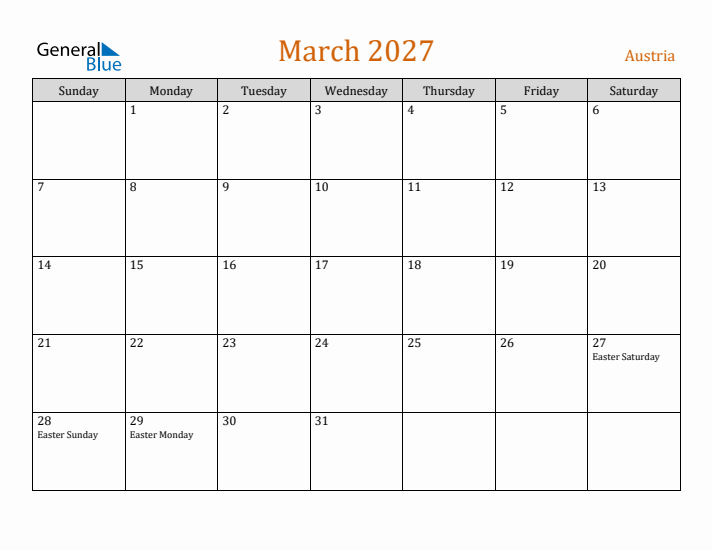 March 2027 Holiday Calendar with Sunday Start