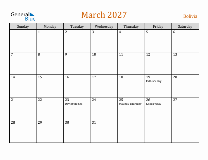 March 2027 Holiday Calendar with Sunday Start