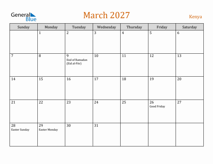 March 2027 Holiday Calendar with Sunday Start