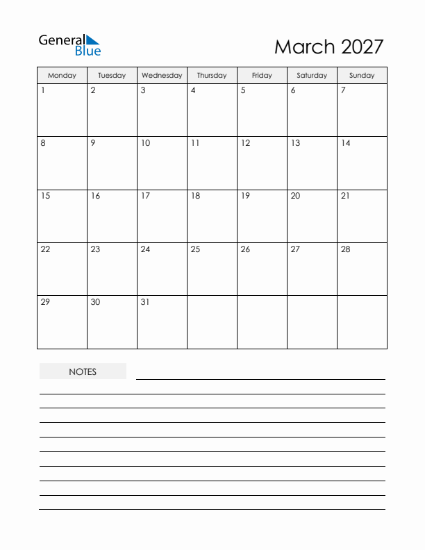 Printable Calendar with Notes - March 2027 
