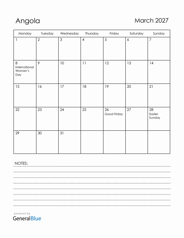 March 2027 Angola Calendar with Holidays (Monday Start)