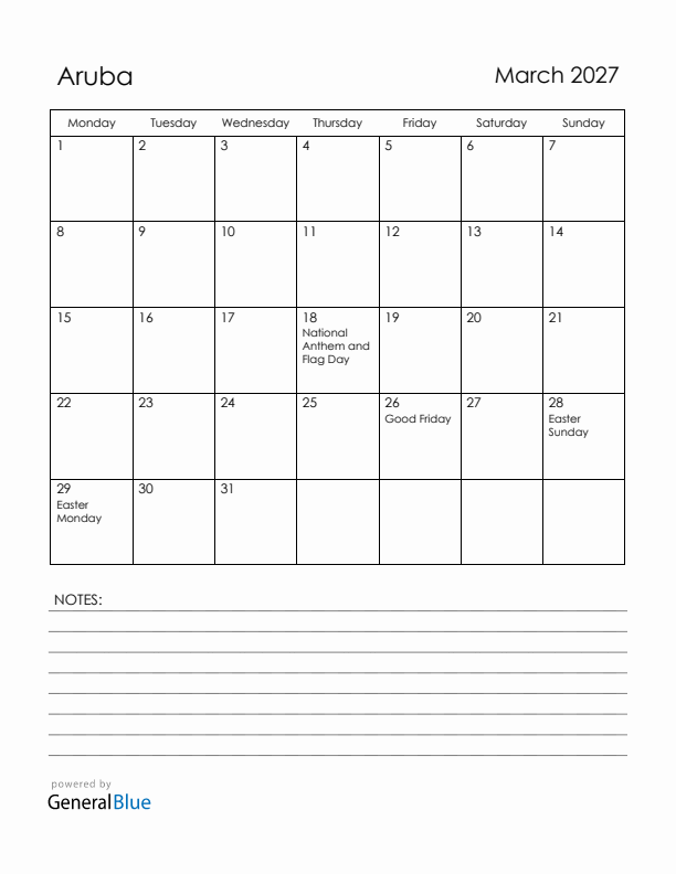 March 2027 Aruba Calendar with Holidays (Monday Start)