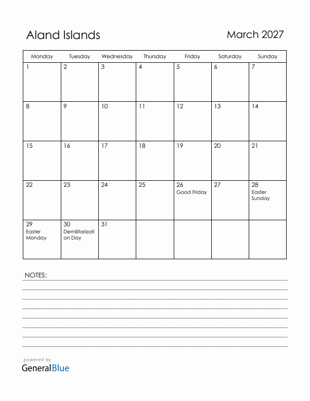 March 2027 Aland Islands Calendar with Holidays (Monday Start)