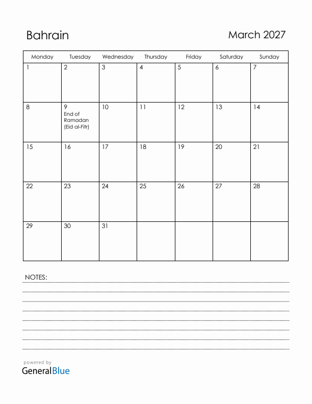 March 2027 Bahrain Calendar with Holidays (Monday Start)