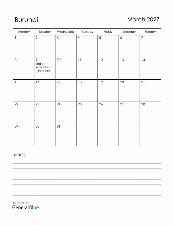 March 2027 Burundi Calendar with Holidays (Monday Start)