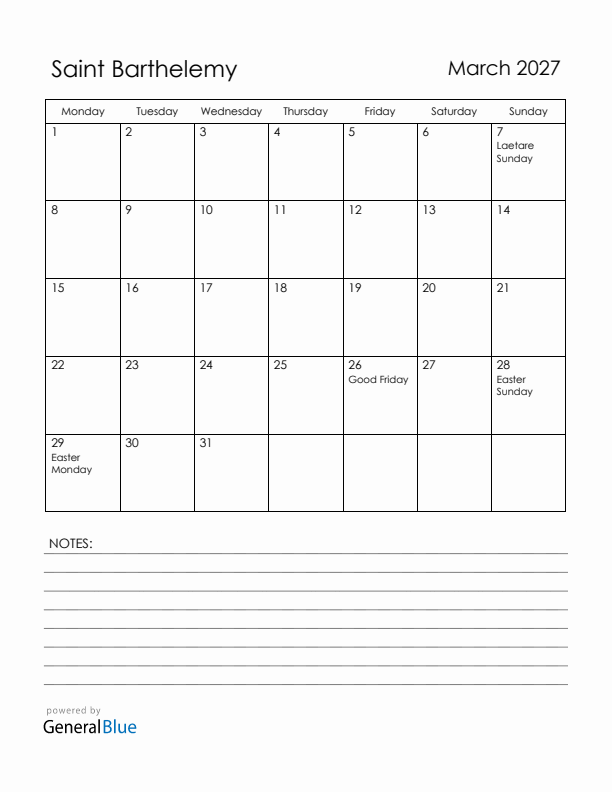 March 2027 Saint Barthelemy Calendar with Holidays (Monday Start)