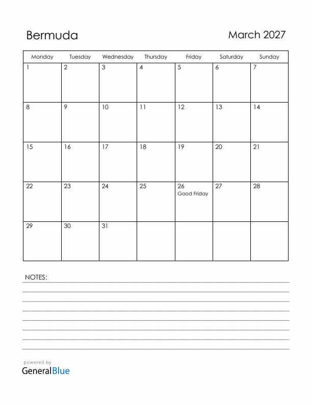 March 2027 Bermuda Calendar with Holidays (Monday Start)