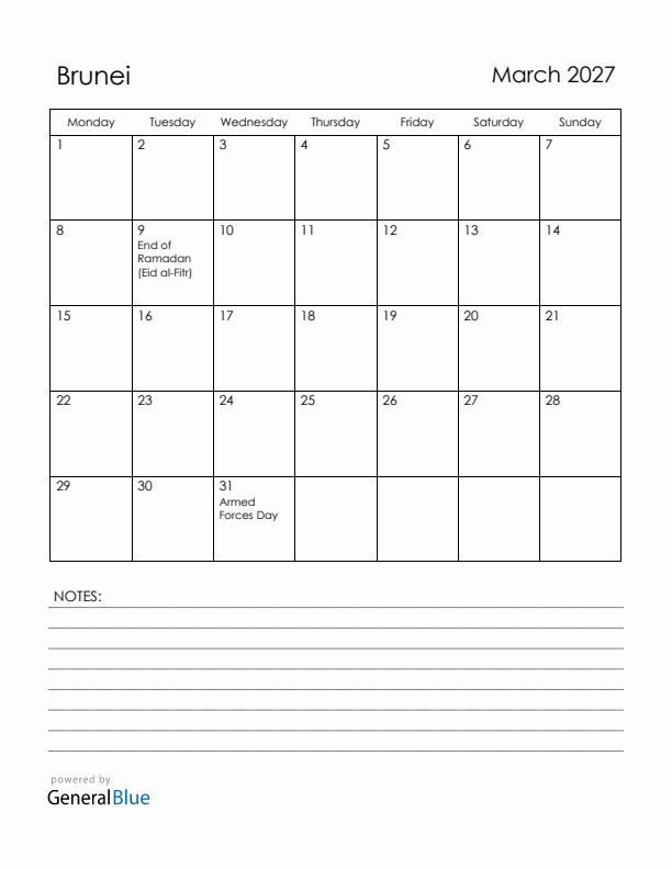 March 2027 Brunei Calendar with Holidays (Monday Start)