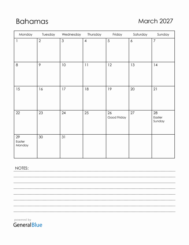 March 2027 Bahamas Calendar with Holidays (Monday Start)