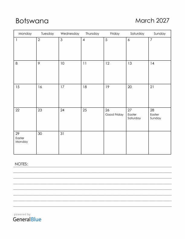 March 2027 Botswana Calendar with Holidays (Monday Start)