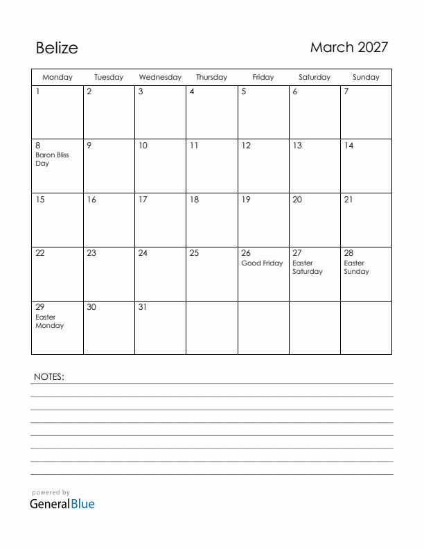 March 2027 Belize Calendar with Holidays (Monday Start)
