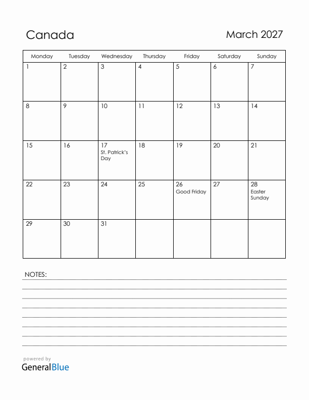 March 2027 Canada Calendar with Holidays (Monday Start)