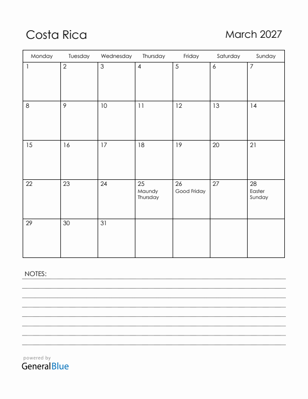 March 2027 Costa Rica Calendar with Holidays (Monday Start)