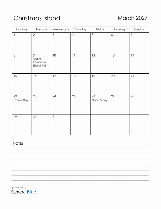 March 2027 Christmas Island Calendar with Holidays (Monday Start)