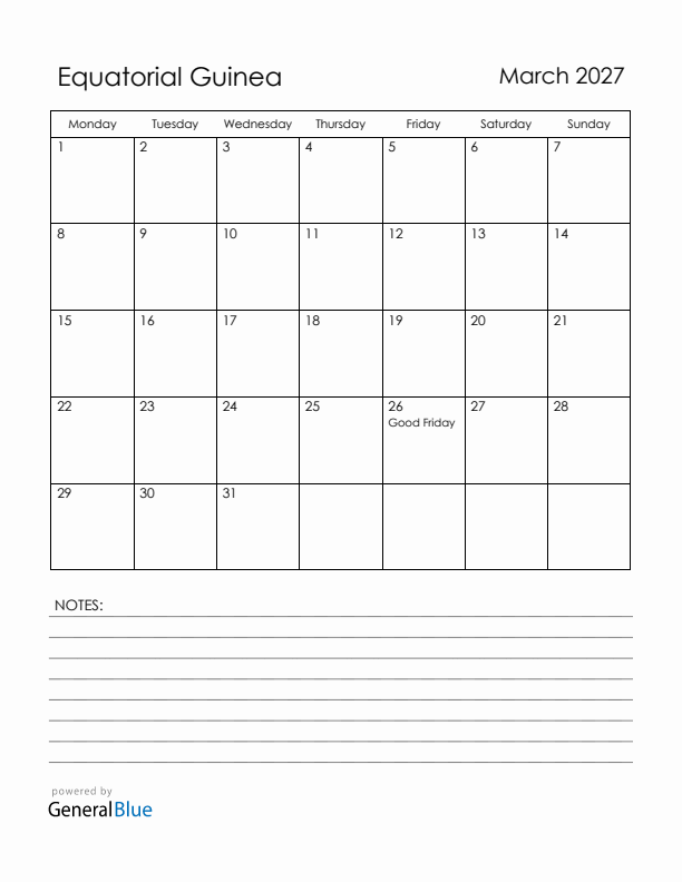 March 2027 Equatorial Guinea Calendar with Holidays (Monday Start)