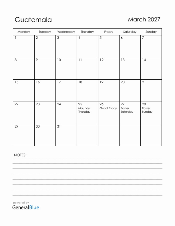 March 2027 Guatemala Calendar with Holidays (Monday Start)