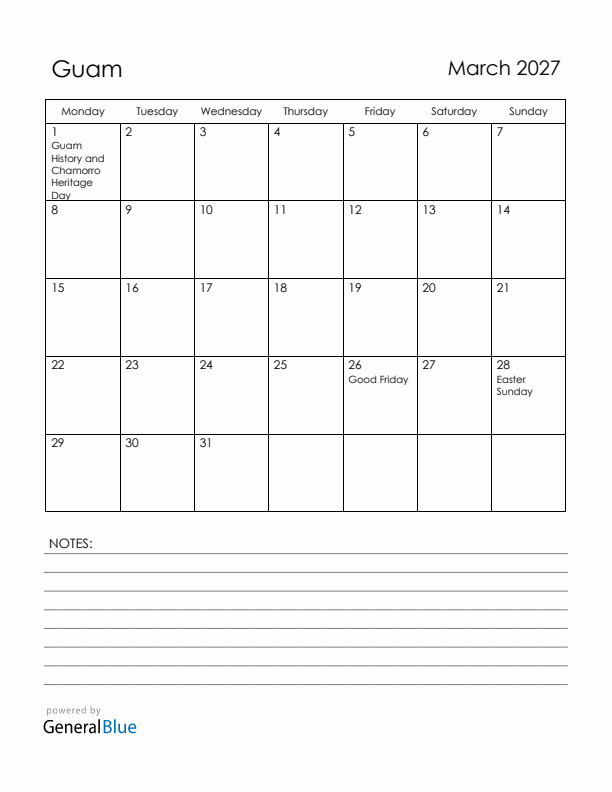 March 2027 Guam Calendar with Holidays (Monday Start)