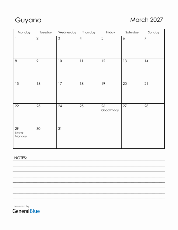 March 2027 Guyana Calendar with Holidays (Monday Start)