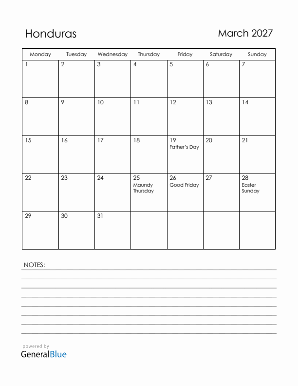 March 2027 Honduras Calendar with Holidays (Monday Start)