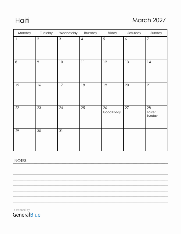 March 2027 Haiti Calendar with Holidays (Monday Start)