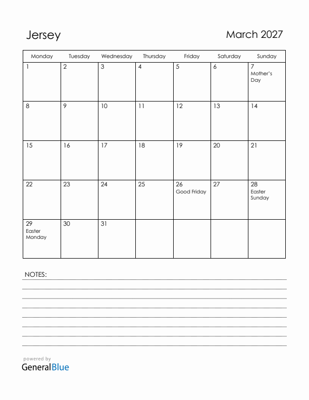 March 2027 Jersey Calendar with Holidays (Monday Start)