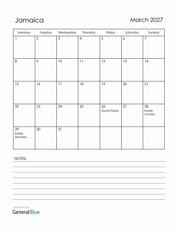March 2027 Jamaica Calendar with Holidays (Monday Start)