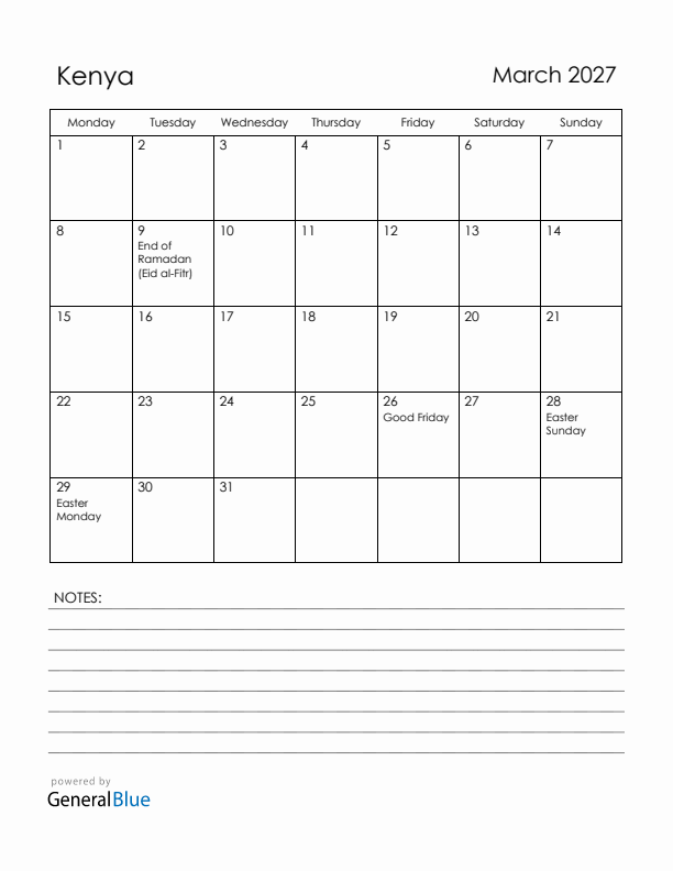 March 2027 Kenya Calendar with Holidays (Monday Start)