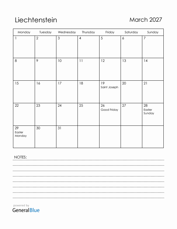 March 2027 Liechtenstein Calendar with Holidays (Monday Start)