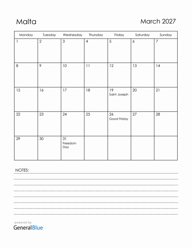 March 2027 Malta Calendar with Holidays (Monday Start)