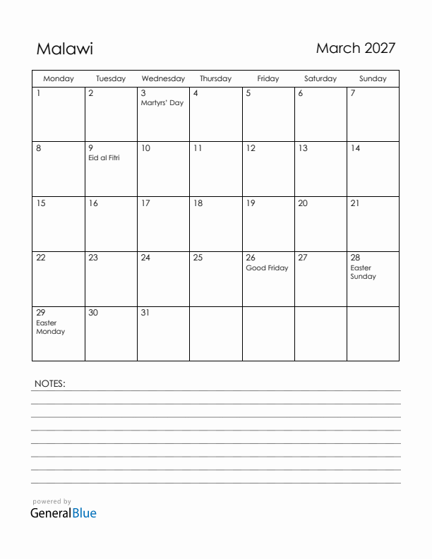 March 2027 Malawi Calendar with Holidays (Monday Start)
