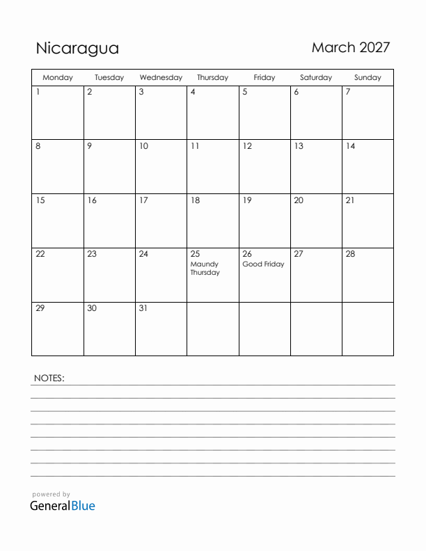 March 2027 Nicaragua Calendar with Holidays (Monday Start)