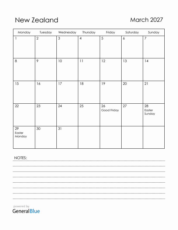 March 2027 New Zealand Calendar with Holidays (Monday Start)