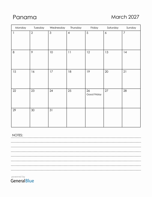 March 2027 Panama Calendar with Holidays (Monday Start)