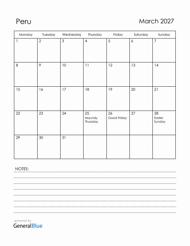 March 2027 Peru Calendar with Holidays (Monday Start)