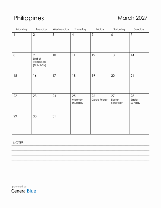 March 2027 Philippines Calendar with Holidays (Monday Start)