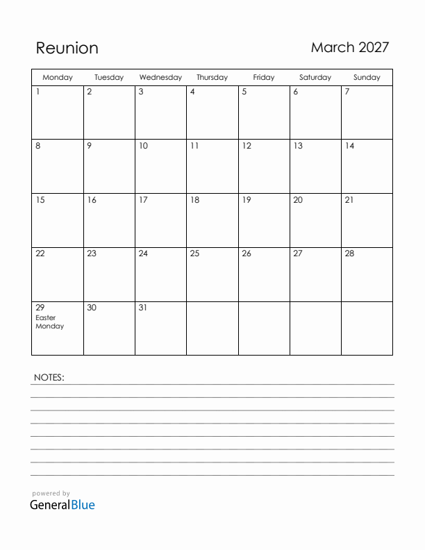 March 2027 Reunion Calendar with Holidays (Monday Start)