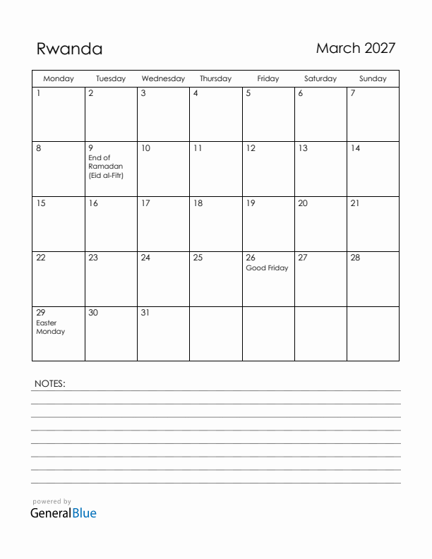 March 2027 Rwanda Calendar with Holidays (Monday Start)