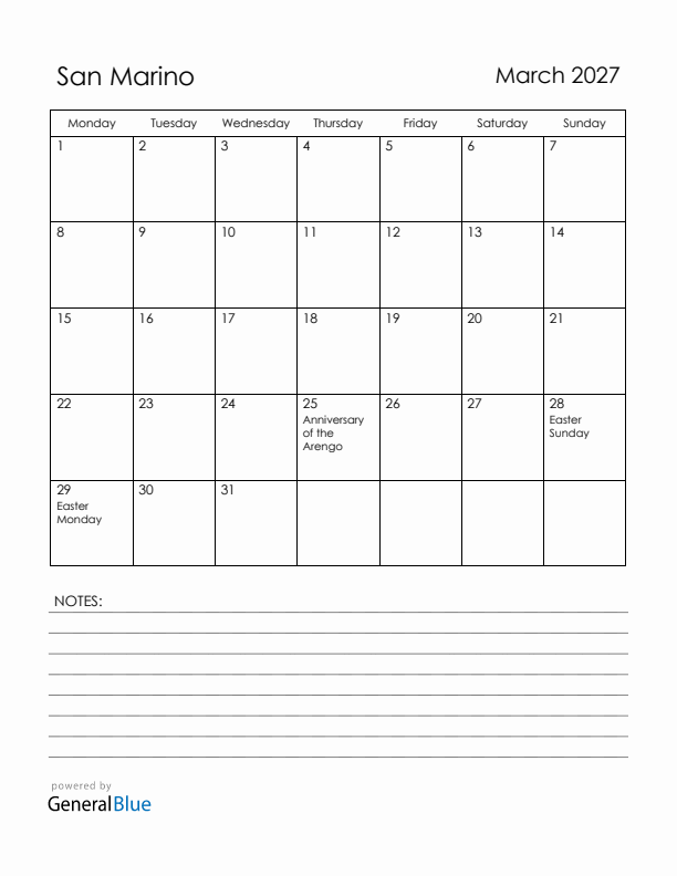 March 2027 San Marino Calendar with Holidays (Monday Start)