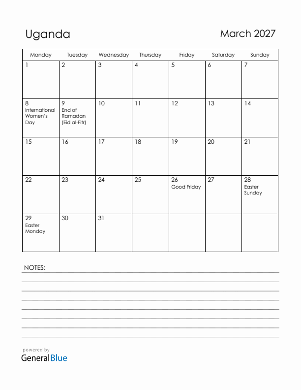 March 2027 Uganda Calendar with Holidays (Monday Start)