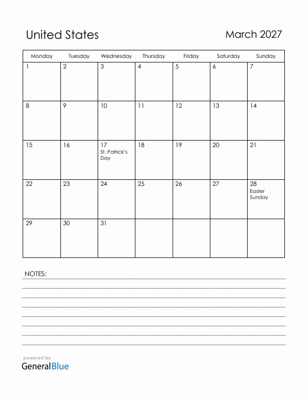 March 2027 United States Calendar with Holidays (Monday Start)