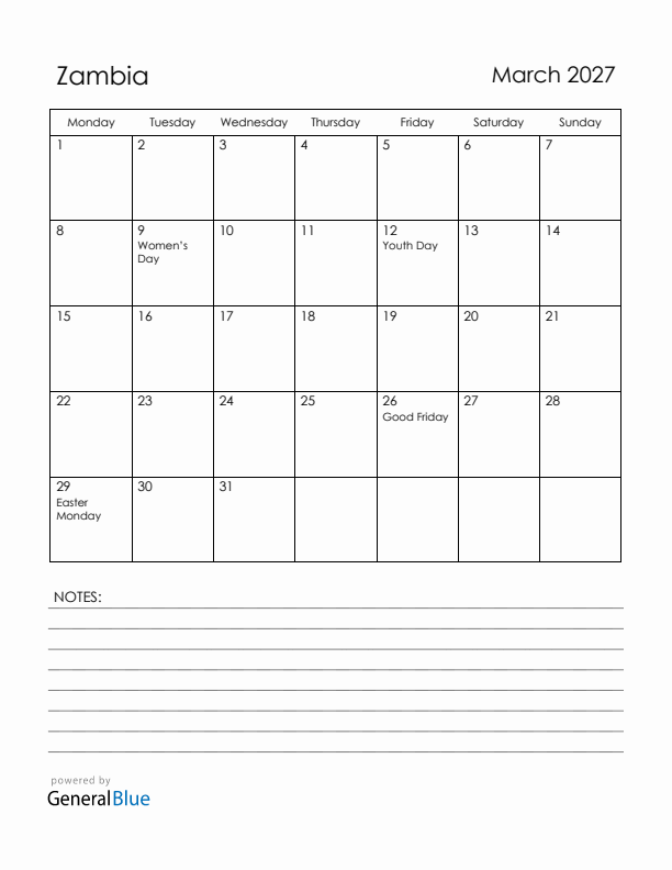March 2027 Zambia Calendar with Holidays (Monday Start)