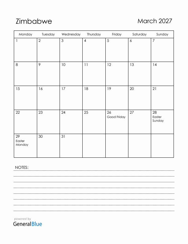 March 2027 Zimbabwe Calendar with Holidays (Monday Start)