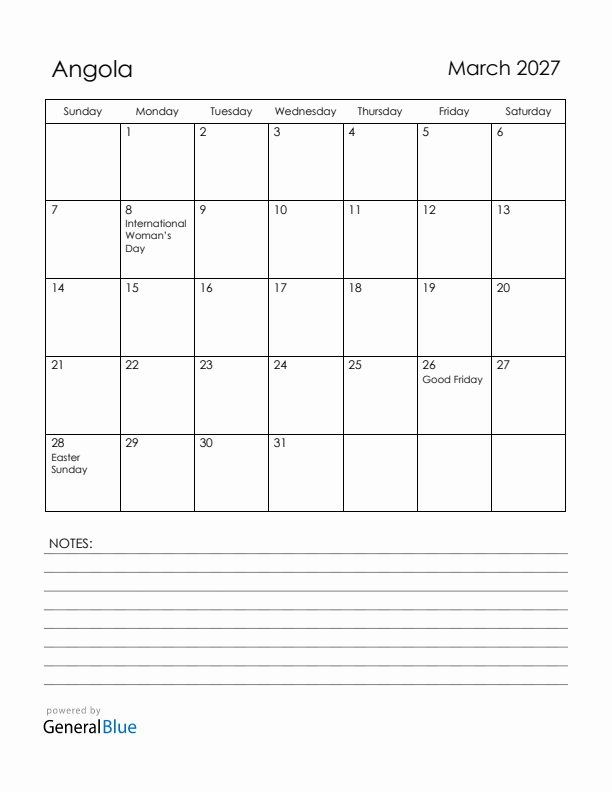 March 2027 Angola Calendar with Holidays (Sunday Start)