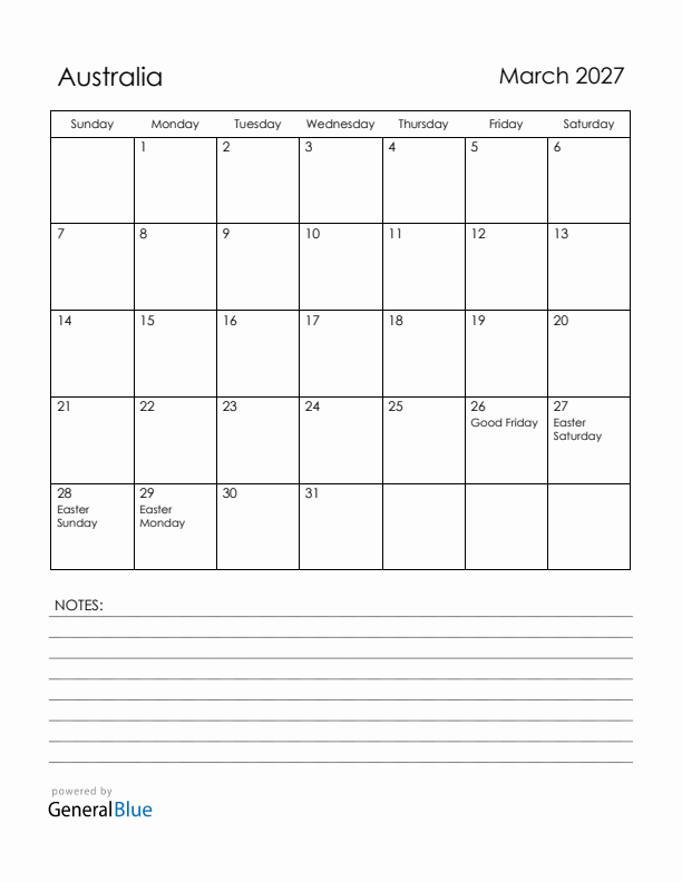 March 2027 Australia Calendar with Holidays (Sunday Start)