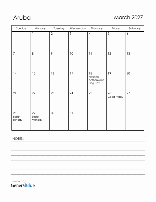 March 2027 Aruba Calendar with Holidays (Sunday Start)