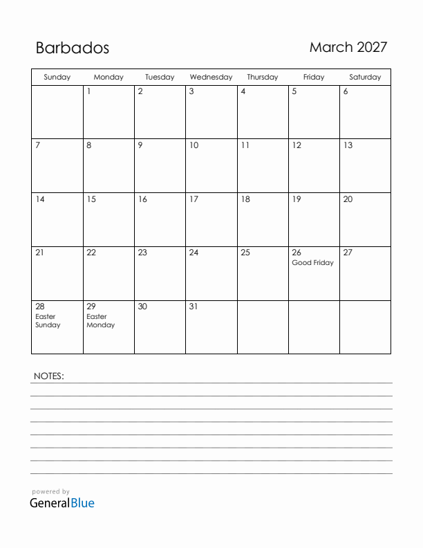 March 2027 Barbados Calendar with Holidays (Sunday Start)